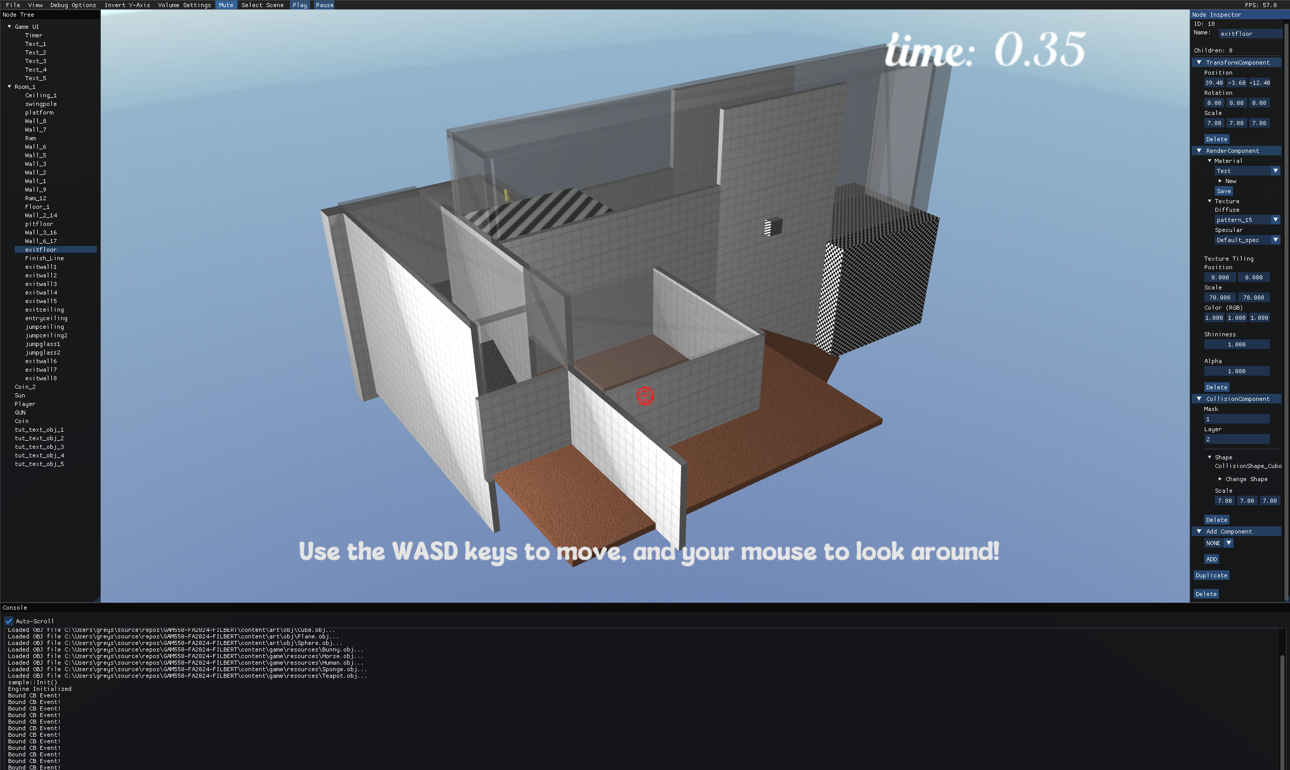 A screenshot of the Grappling With Ideas level editor. It shows off a wide view of the tutorial level geometry, as well as the scene node tree viewer, debug console, and component editor.