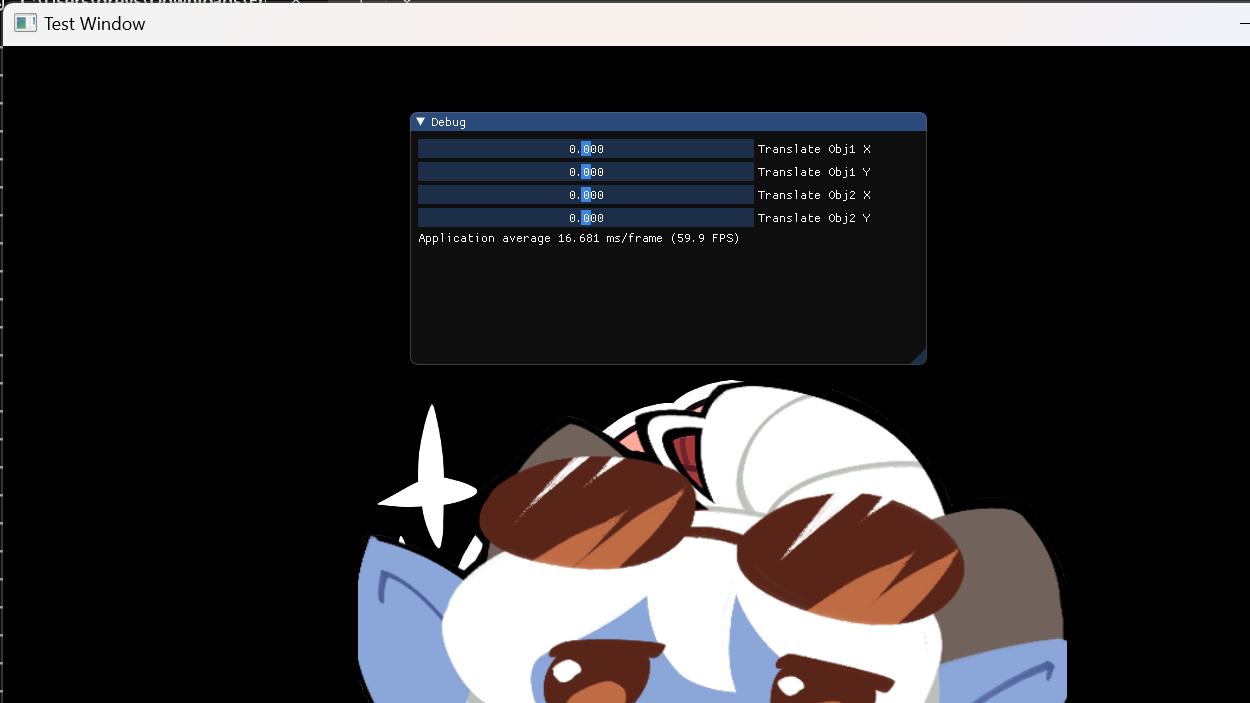 A simple debug test showing some sprites and an ImGui window with sliders to translate the sprites.